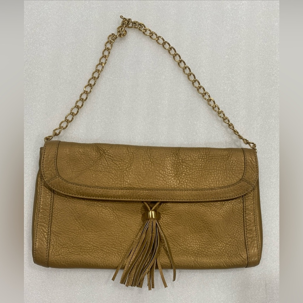 Talbots Gold Soft Leather Chain Shoulder Strap Clutch  Bag Tassel Accents EUC